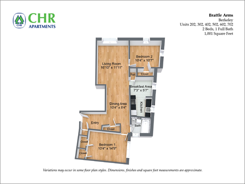 Floor plan for 2 beds, 1 bath, 1236 sqft